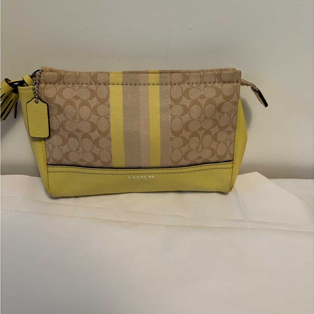 Coach Legacy Signature Yellow and Tan Cosmetic Bag/ Wristlet with tassel and Ht